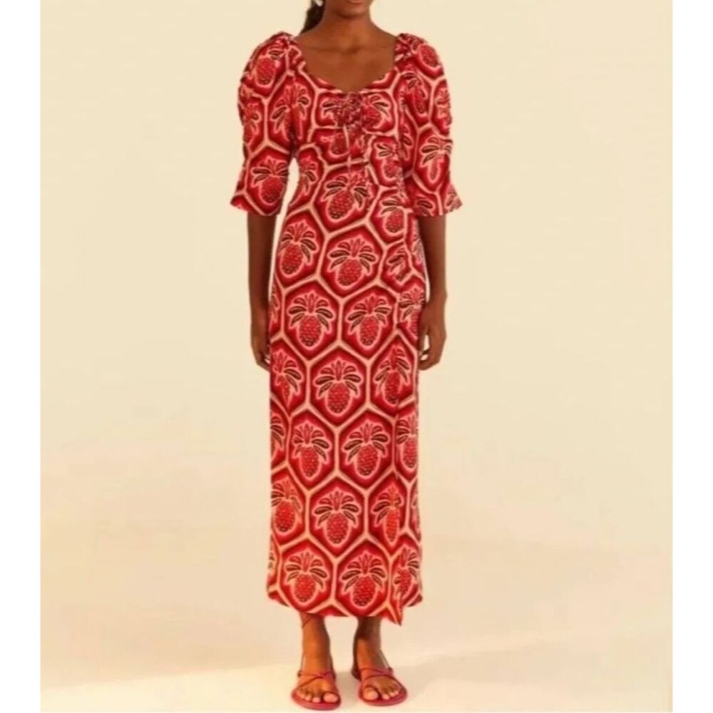 FARM Rio Maxi Dress Linen Blend Pink Tropical Fruit Print Boho Chic XS (P)